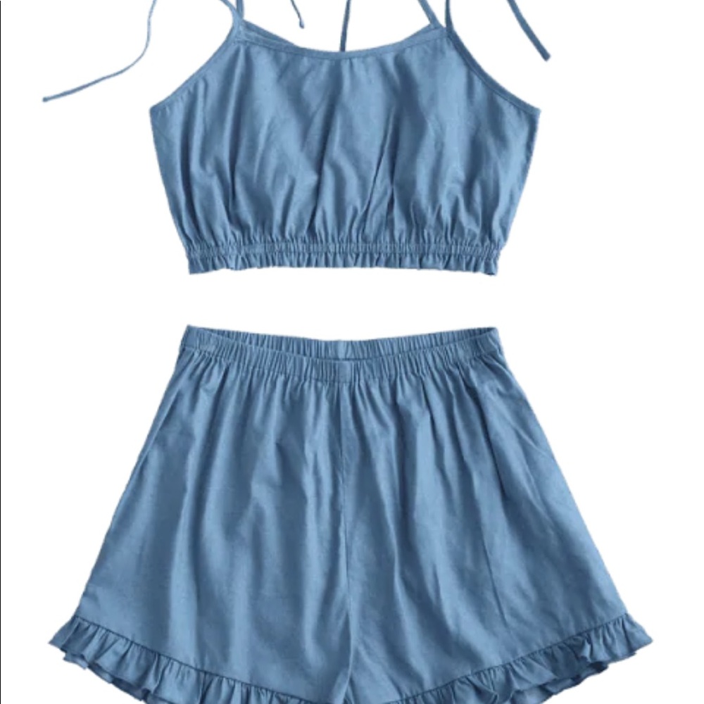 tie shoulder ruffle shorts set